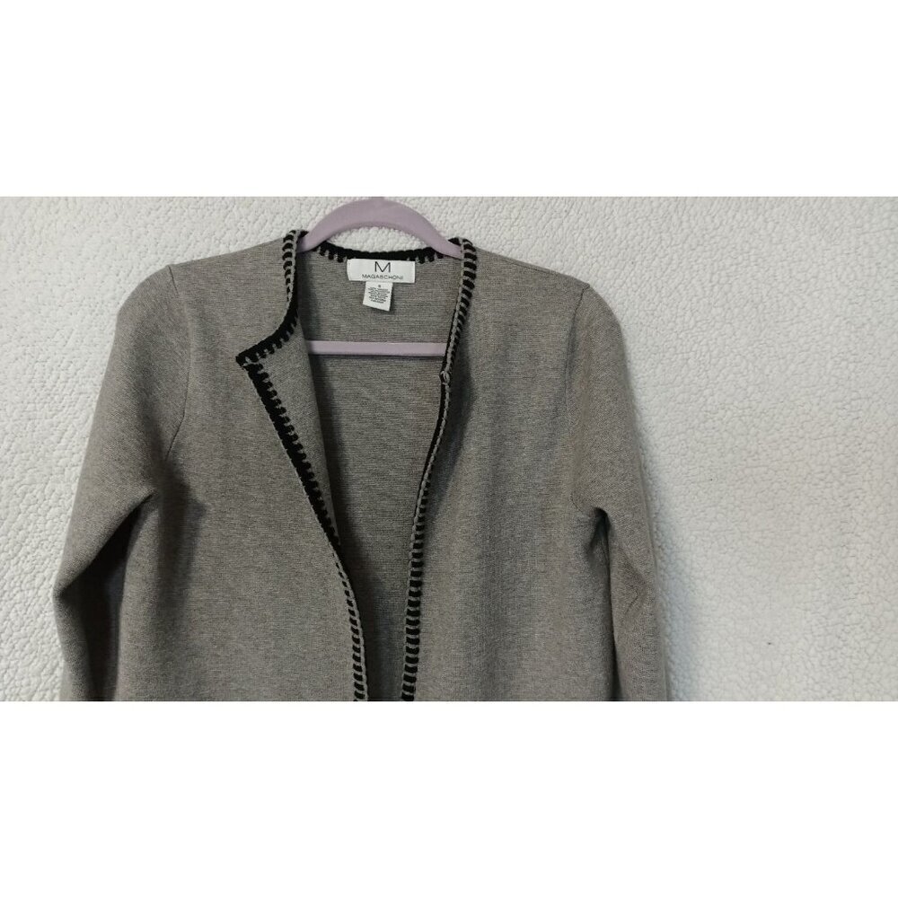 Magaschoni Open Front Cardigan Gray Black Trim Size S Long Midi Blazer Sweater - Picture 14 of 15